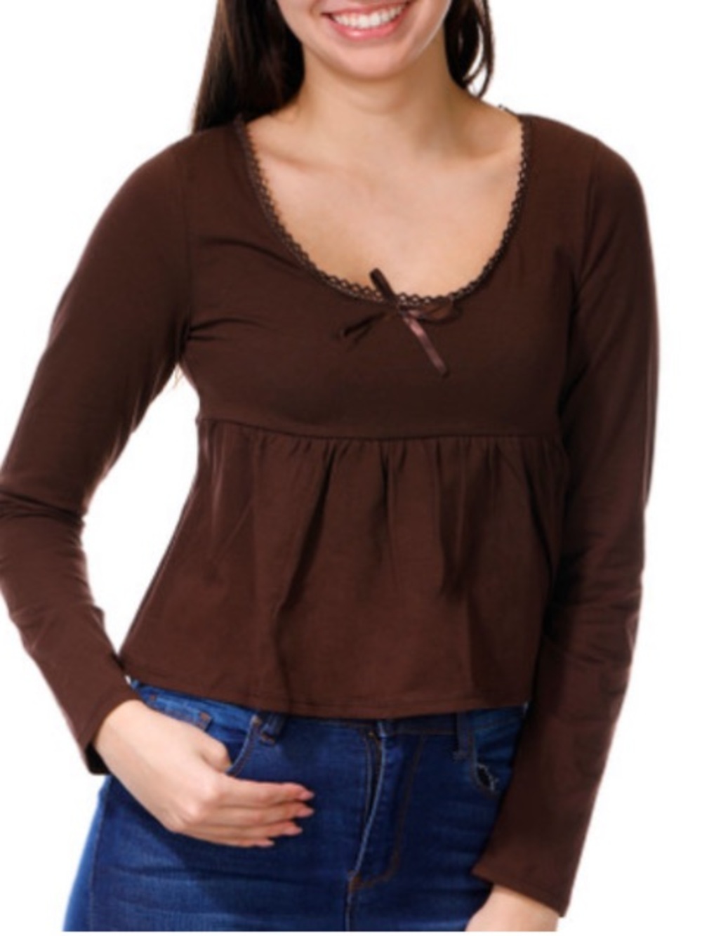 NWT Jolie & Joy Juniors Brown Long Sleeve Lace-Trim Top Size M